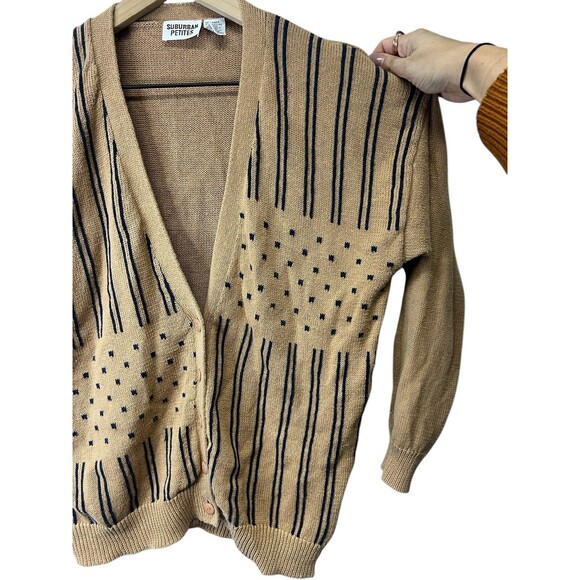 Vintage Suburban Petite Tan Stripe Polka Dot Pattern Cardigan Women’s 90s Size M - Picture 6 of 13